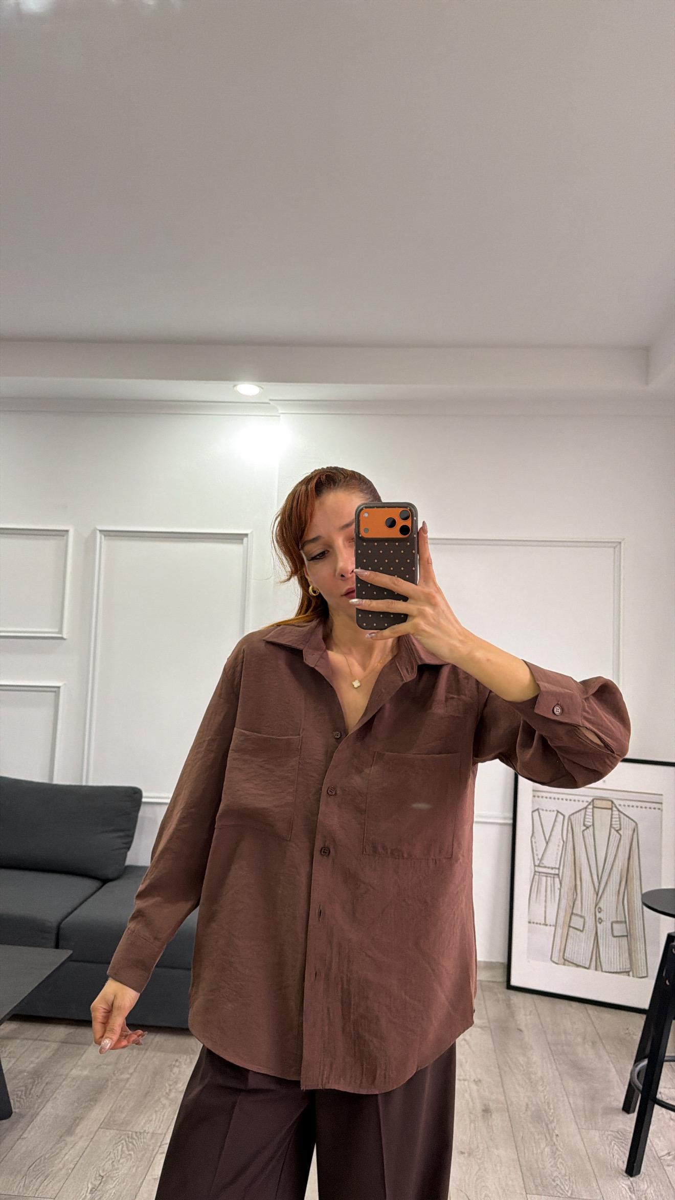 Tensel  Kumaş Dökümlü Kahve  Gömlek 