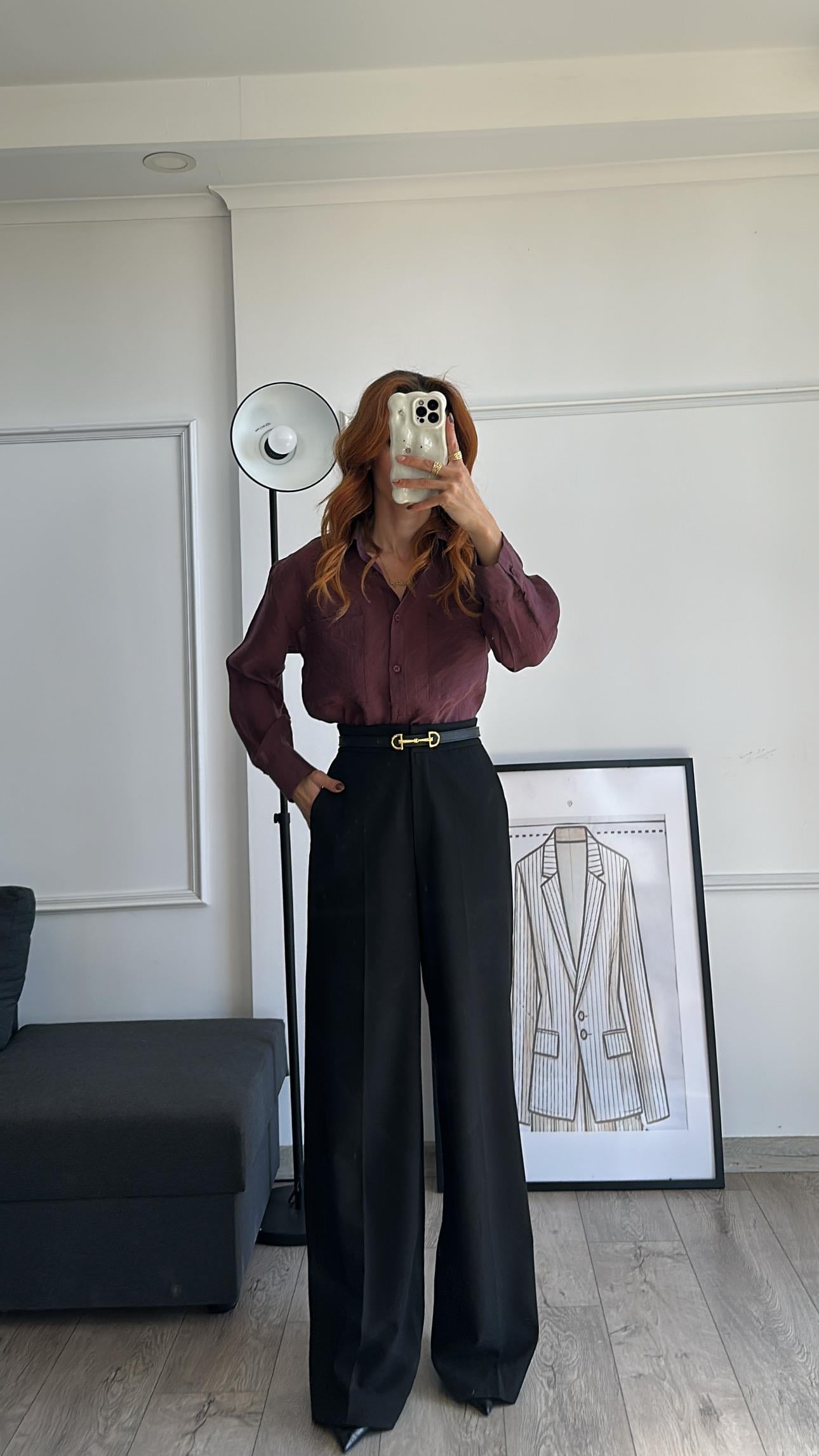 Tensel  Kumaş Dökümlü Mürdüm Gömlek 