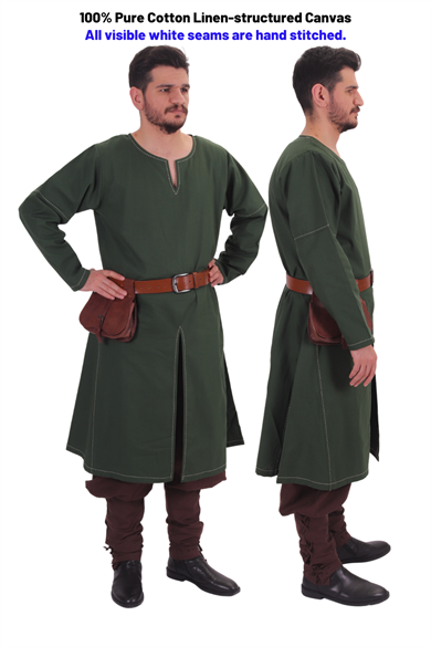 ARVID Green Cotton Canvas Tunic : Medieval Viking Long sleeve cotton Handstitched canvas tunic 