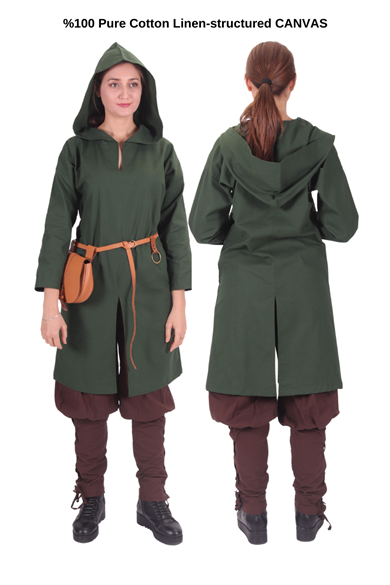 ATIYE Green  Cotton Canvas Tunic : Medieval Viking Larp Middle Ages costume Long sleeve back and front slits hooded Tunic