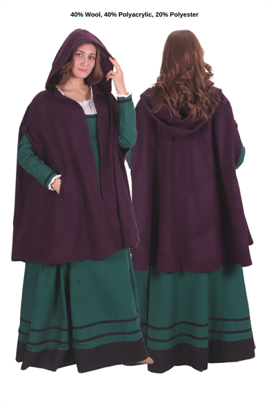 KELLY Purple Wool Coat Cloack with Pockets - Medieval Viking Renasissance Maxi Hooded Wool Short Cloak  
