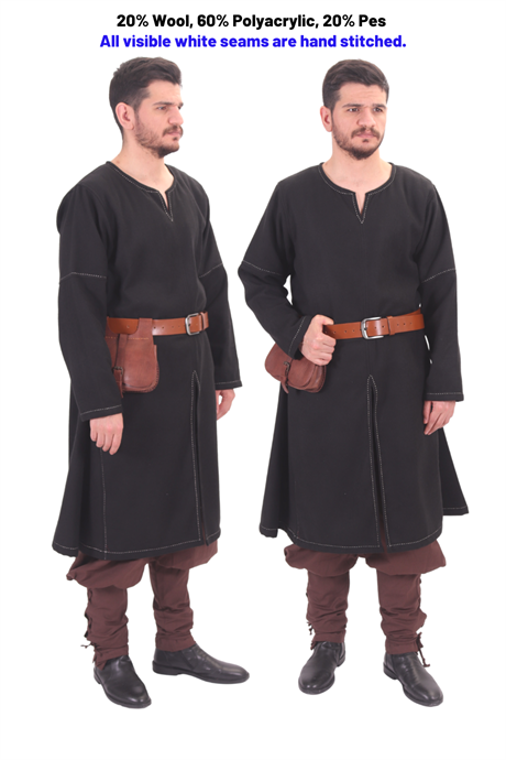 ARNE Black Wool Tunic : Medieval Viking Long sleeve Handstitched Wool Tunic 