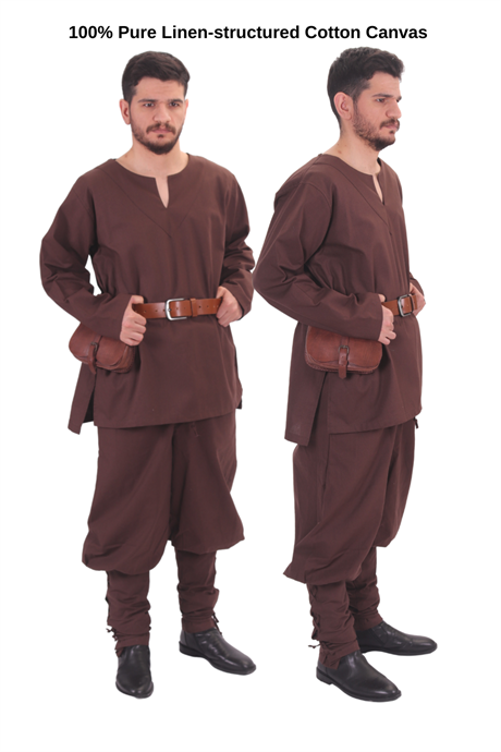 CARA Brown Cotton Tunic - Medieval Viking Larp Middle Ages costume Larp Norse and Reenactment Long Sleeve Cotton Canvas  Mens Tunic. 