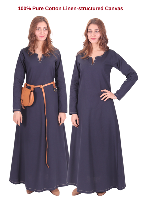 FREYA Dark Blue Cotton Canvas :  Medieval Viking Nordic Cotton Underdress from 10th and 11th century. 
