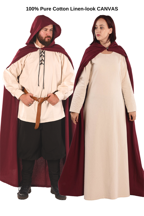 HERO Burgundy Pure Cotton Canvas : Medieval Viking Renaissance Larp and Reeanctment Unisex Cotton Hooded Cloak