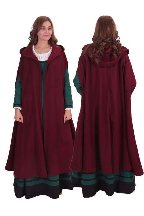 KAYLA Burgundy Wool Coat Cloak with Pockets - Medieval Viking Renasissance Maxi Hooded Wool Long Cloak 