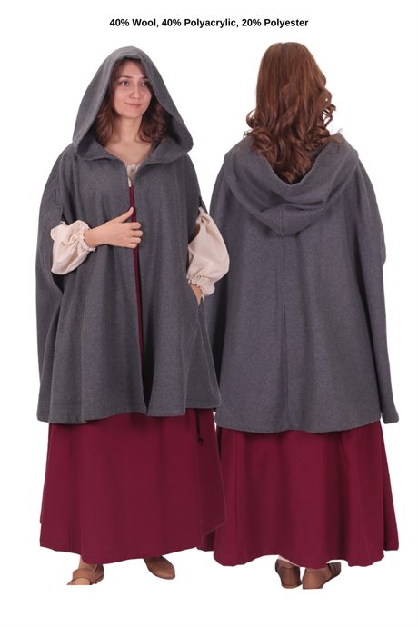 KELLY Grey Wool Coat Cloack with Pockets - Medieval Viking Renasissance Maxi Hooded Wool Short Cloak  