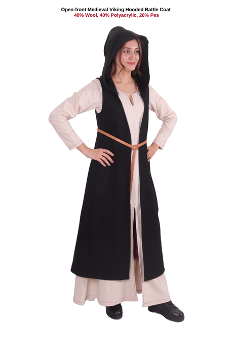 NORA Brown Wool Battle Coat – Medieval Viking open front Battle Wool Coat with or without hood 