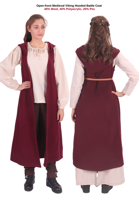 NORA Burgundy Wool Battle Coat – Medieval Viking open front Battle Wool Coat with or without hood 