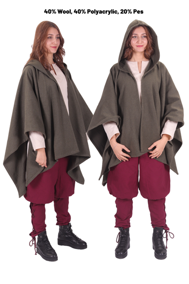  STELLA Khaki Wool Pancho - Medieval Viking and Daily use Hooded Wool Pancho. 