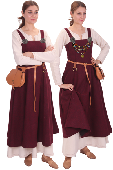 ANNA : Burgundy- Medieval Viking Wool Apron Dress