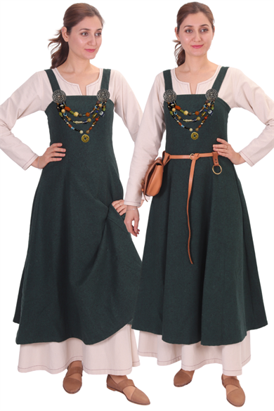 ANNA : Green- Medieval Viking Wool Apron Dress