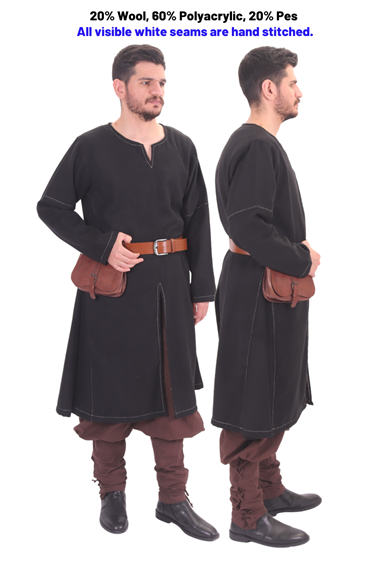 ARNE Black Wool Tunic : Medieval Viking Long sleeve Handstitched Wool Tunic 