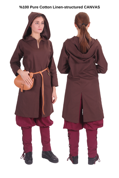 ATIYE Brown Cotton Canvas Tunic : Medieval Viking Larp Middle Ages costume Long sleeve back and front slits hooded Tunic