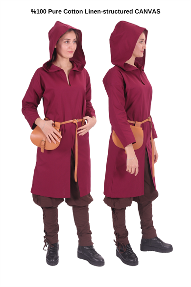 ATIYE Burgundy Cotton Canvas  Tunic : Medieval Viking Larp Middle Ages costume Long sleeve back and front slits hooded Tunic