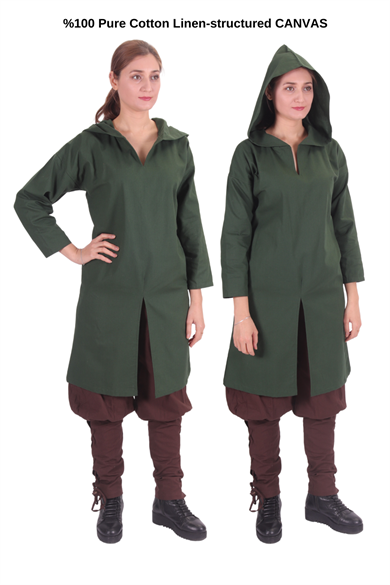 ATIYE Green  Cotton Canvas Tunic : Medieval Viking Larp Middle Ages costume Long sleeve back and front slits hooded Tunic