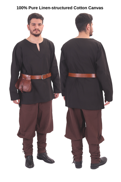 CARA Black Cotton Tunic - Medieval Viking Larp Middle Ages costume Larp Norse and Reenactment Long Sleeve Cotton Canvas  Mens Tunic. 