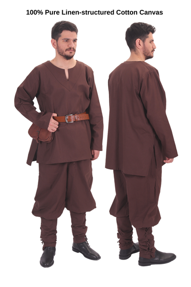 CARA Brown Cotton Tunic - Medieval Viking Larp Middle Ages costume Larp Norse and Reenactment Long Sleeve Cotton Canvas  Mens Tunic. 