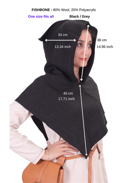 DIANA Black Fishbone Wool- Medieval Viking Unisex Hood 