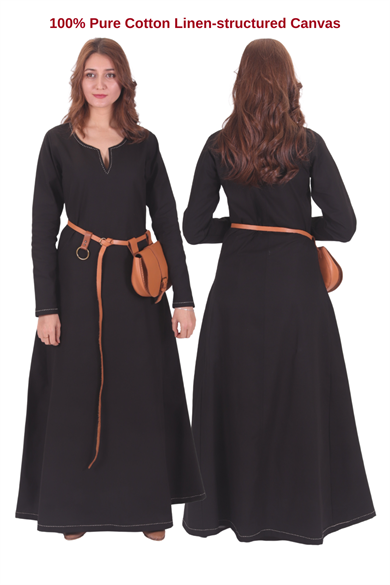 FREYA Black Cotton Canvas :  Medieval Viking Nordic Cotton Underdress from 10th and 11th century. 
