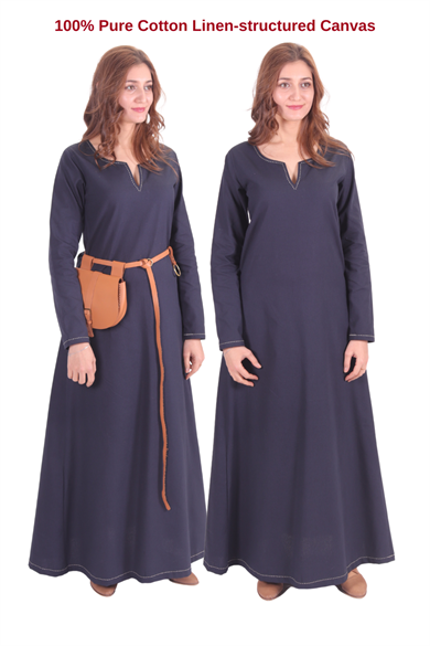 FREYA Dark Blue Cotton Canvas :  Medieval Viking Nordic Cotton Underdress from 10th and 11th century. 