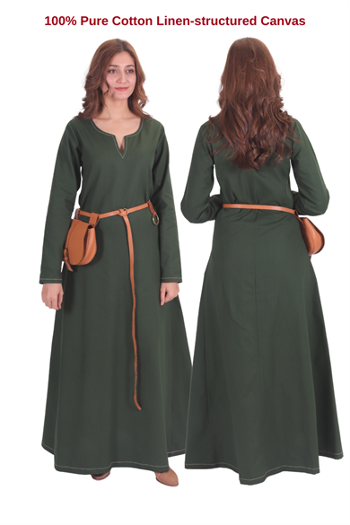 FREYA Green Cotton Canvas :  Medieval Viking Nordic Cotton Underdress from 10th and 11th century. 
