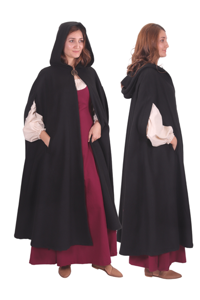 KAYLA Black Wool Coat Cloak with Pockets - Medieval Viking Renasissance Maxi Hooded Wool Long Cloak 