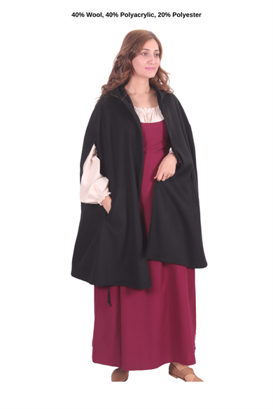KELLY Black Wool Coat Cloack with Pockets - Medieval Viking Renasissance Maxi Hooded Wool Short Cloak  