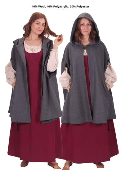 KELLY Grey Wool Coat Cloack with Pockets - Medieval Viking Renasissance Maxi Hooded Wool Short Cloak  