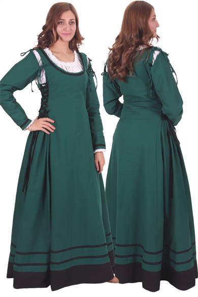 MIA Cotton Forest Green- XV. century inspired, Removeable long sleeve Medieval Viking renaisans women's dress