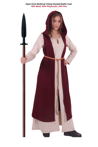 NORA Burgundy Wool Battle Coat – Medieval Viking open front Battle Wool Coat with or without hood 