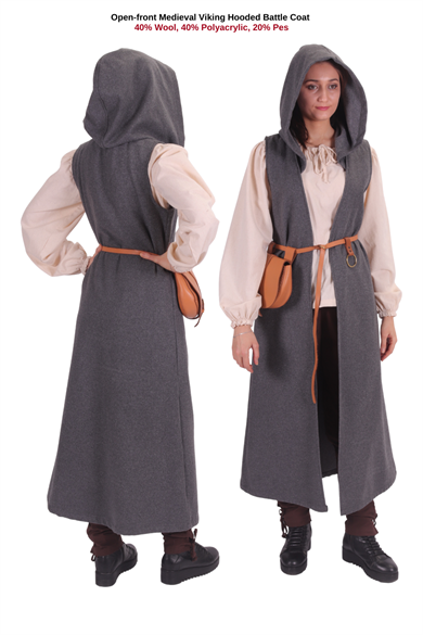 NORA Grey Wool Battle Coat – Medieval Viking open front Battle Wool Coat with or without hood 