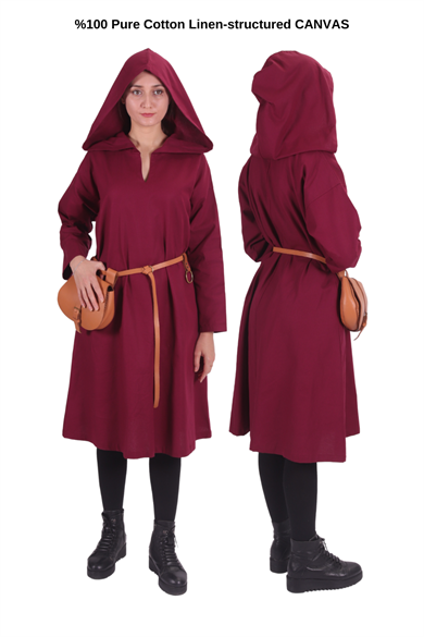TYRA Burgundy Cotton Canvas Tunic : Medieval Viking Larp Middle Ages costume Long sleeve hooded Tunic
