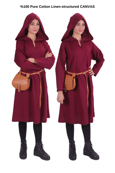 TYRA Burgundy Cotton Canvas Tunic : Medieval Viking Larp Middle Ages costume Long sleeve hooded Tunic