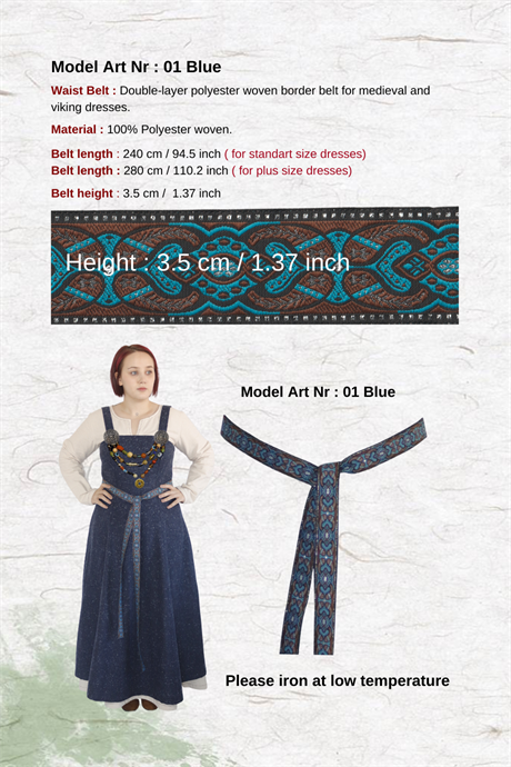 Trim Belt Nr-1 Blue : Double-layer polyester woven border belt for medieval and viking dresses.