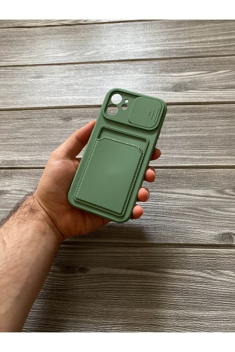 iPhone 12 Fıstık Yeşili Kart Bölmeli Sürgülü Kılıf