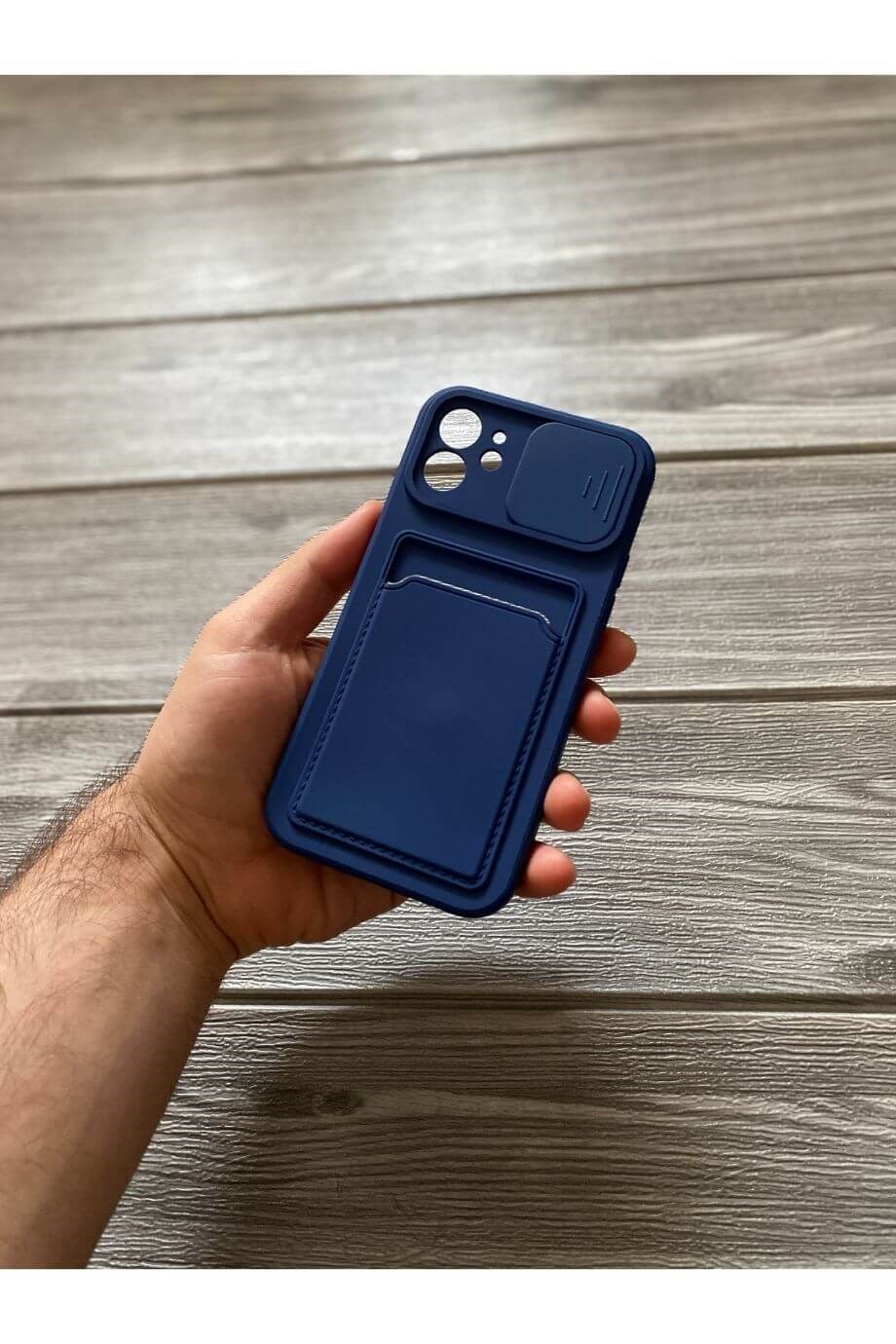 iPhone 12 Lacivert Kart Bölmeli Sürgülü Kılıf