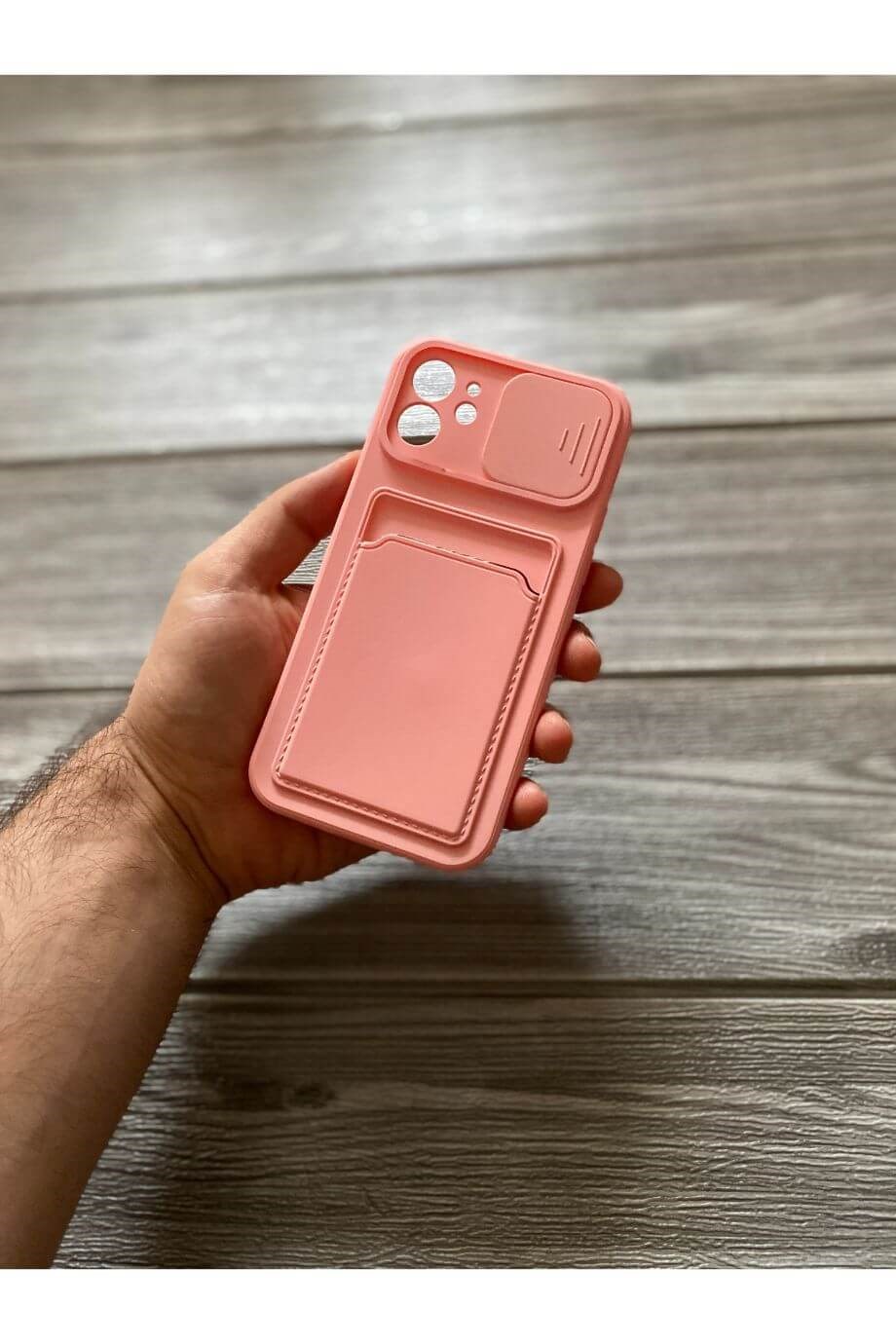 iPhone 12 Pembe Kart Bölmeli Sürgülü Kılıf