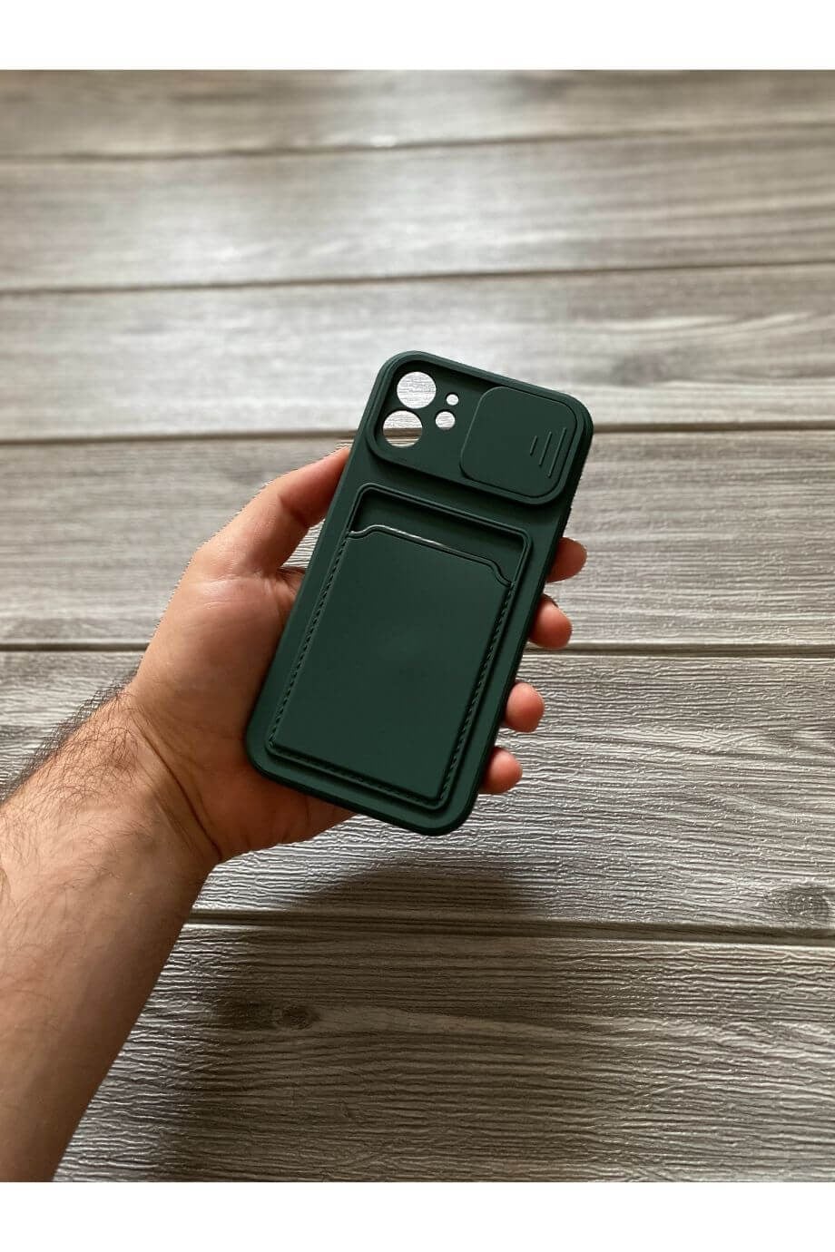 iPhone 12 Petrol Yeşili Kart Bölmeli Sürgülü Kılıf