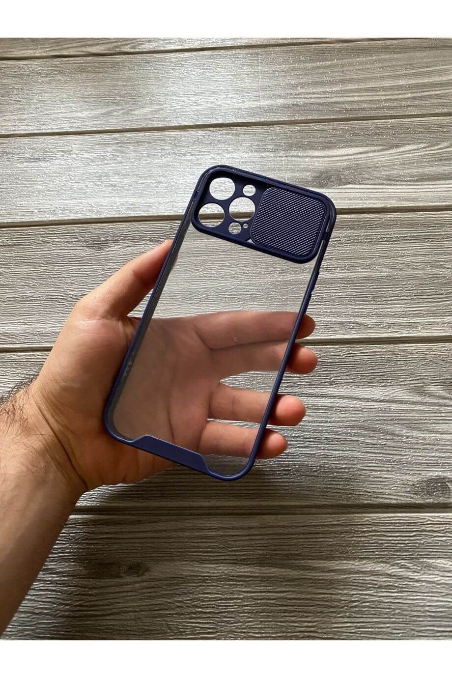 iPhone 12 Pro Max Lacivert Kamera Sürgülü Şeffaf Kılıf