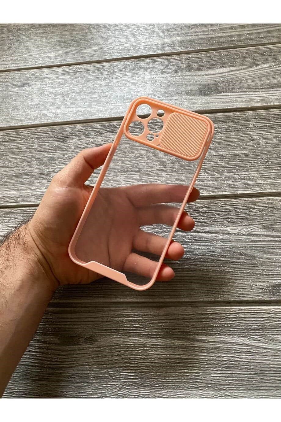 iPhone 12 Pro Max Pembe Kamera Sürgülü Şeffaf Kılıf