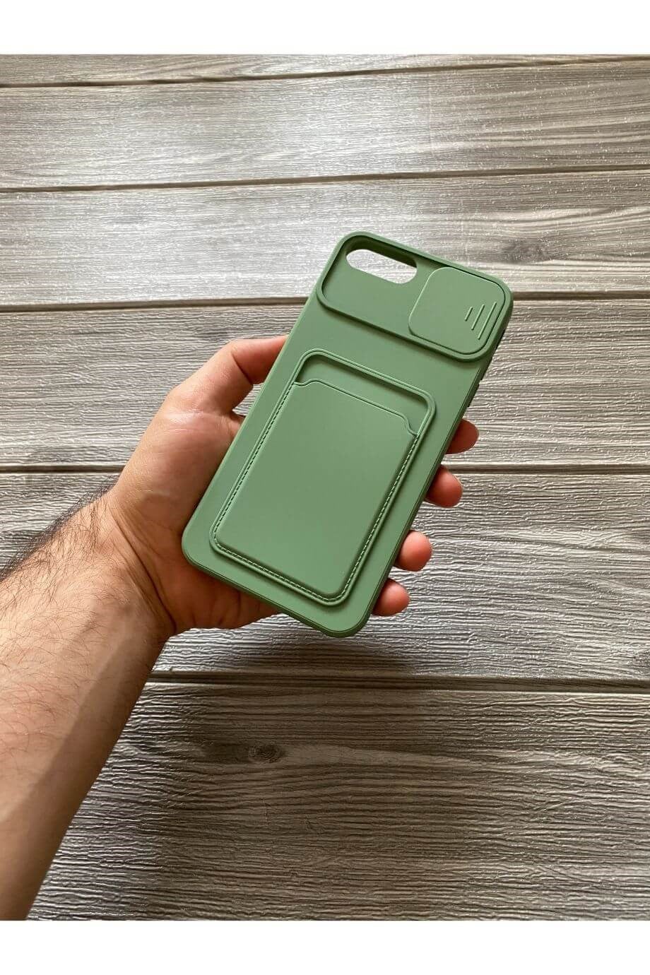 iPhone 8 Plus Fıstık Yeşili Kart Bölmeli Sürgülü Kılıf