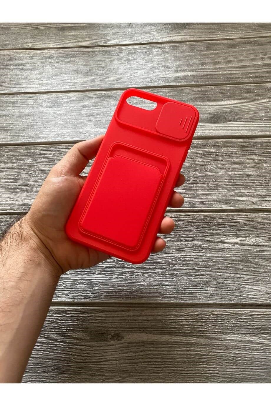 iPhone 8 Plus Kırmızı Kart Bölmeli Sürgülü Kılıf