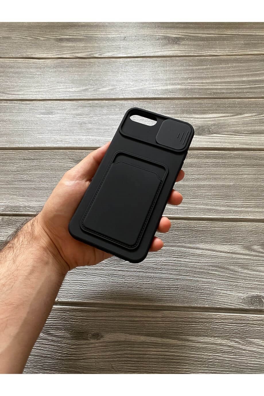iPhone 8 Plus Siyah Kart Bölmeli Sürgülü Kılıf
