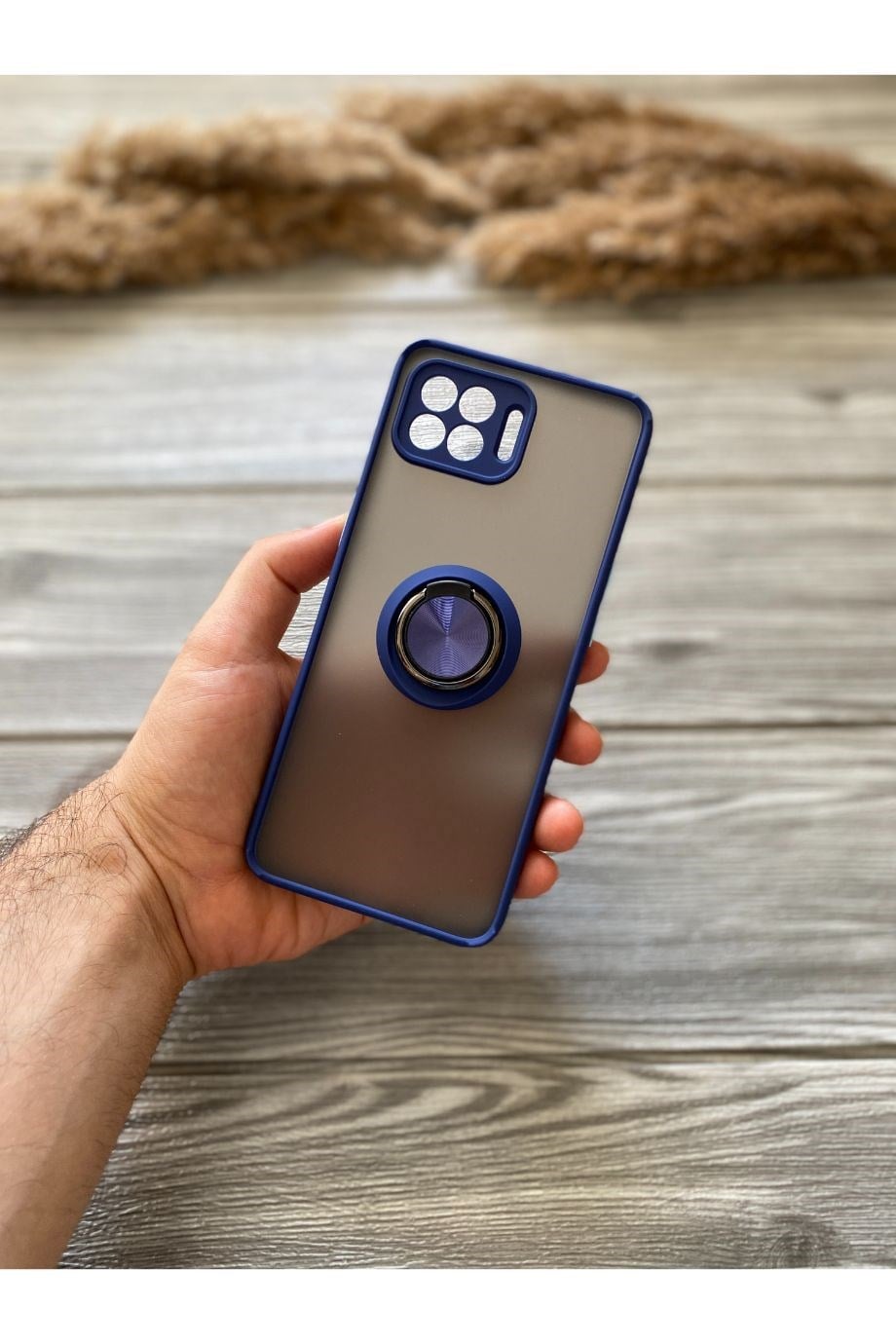 Oppo Reno 4 Lite Lacivert Yüzüklü Buzlu Mika Kılıf