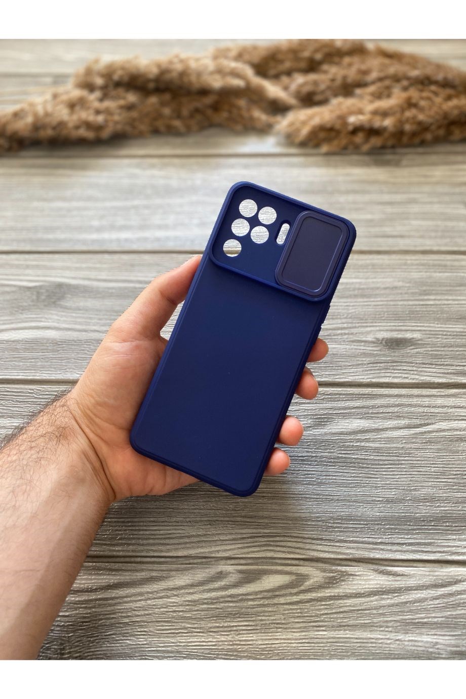 Oppo Reno 5 Lite Lacivert Kamera Sürgülü Silikon Kılıf