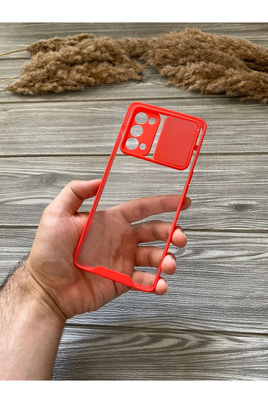 Oppo Reno 5 Pro Kırmızı Kamera Sürgülü Şeffaf Kılıf