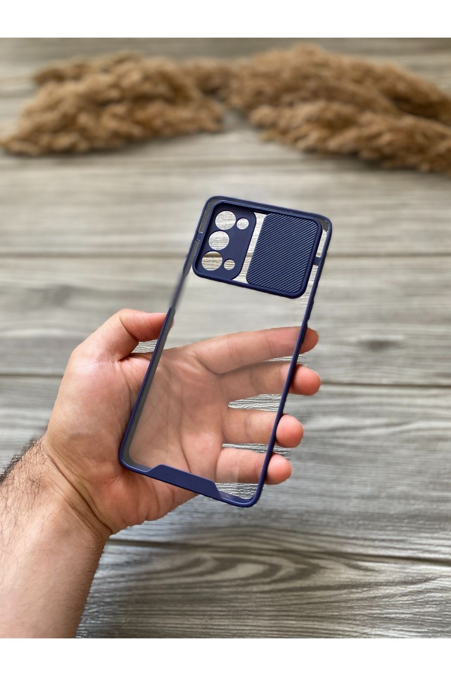 Oppo Reno 5 Pro Lacivert Kamera Sürgülü Şeffaf Kılıf