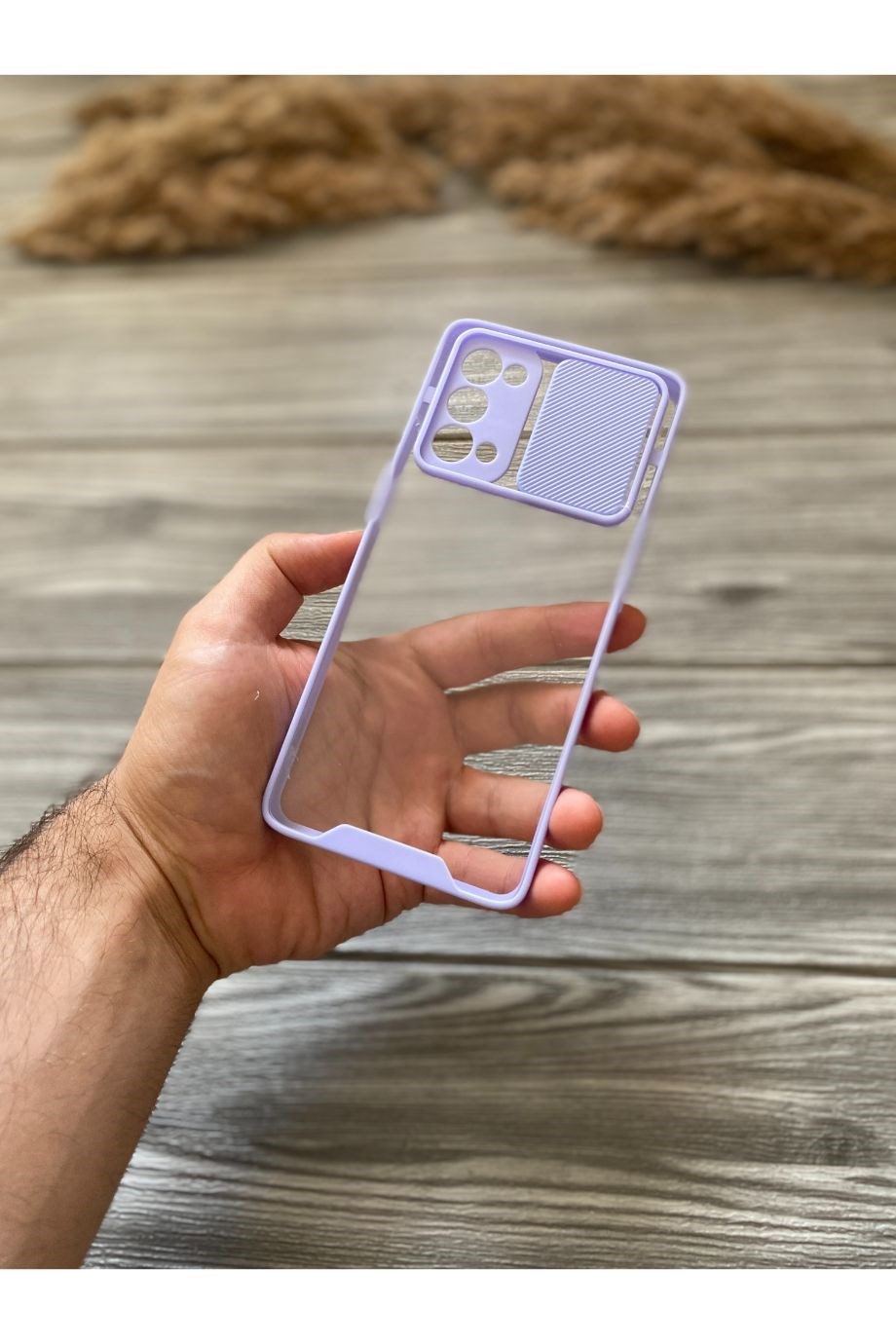 Oppo Reno 5 Pro Lila Kamera Sürgülü Şeffaf Kılıf