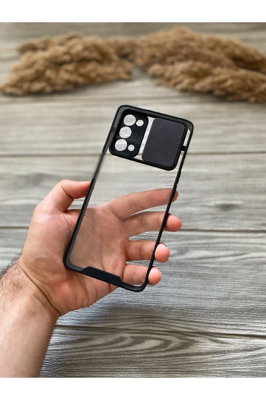 Oppo Reno 5 Pro Siyah Kamera Sürgülü Şeffaf Kılıf